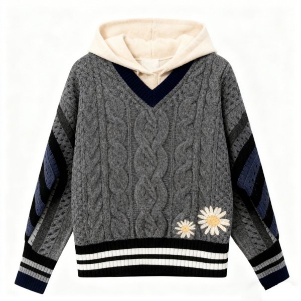 Gray Cable-Knit Hoodie with Daisy Embroidery